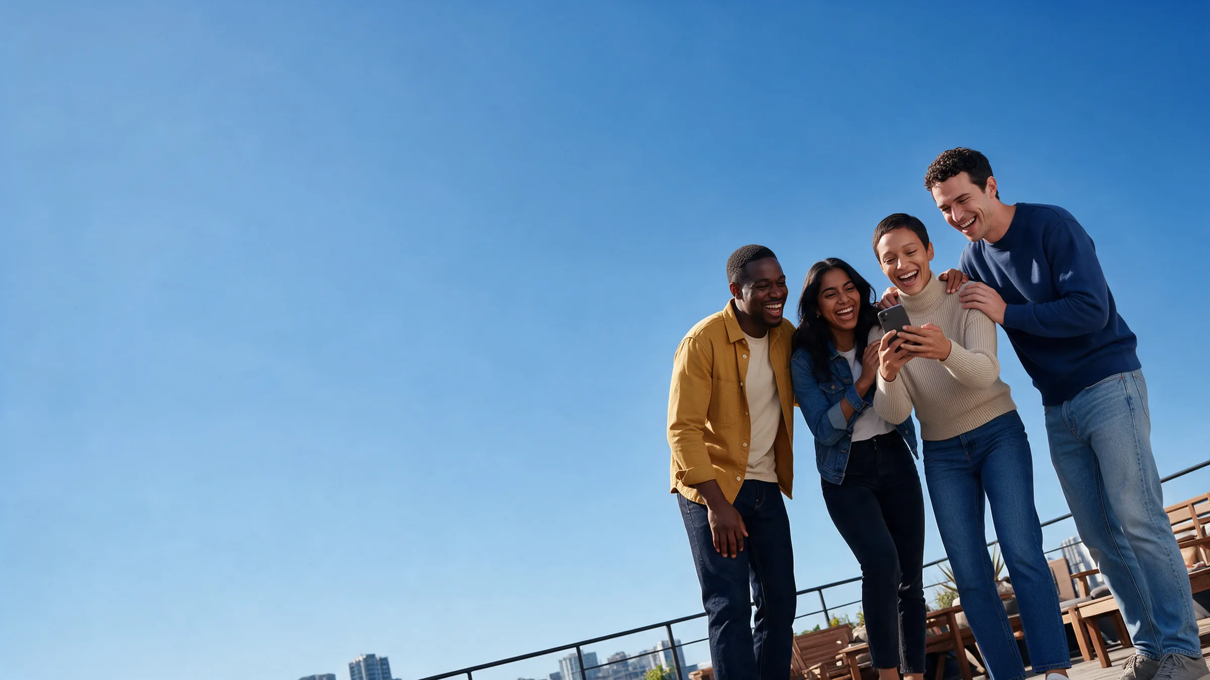 Four friends on a rooftop, laughing as one shows the others her phone.